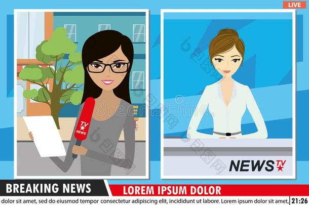 两个屏幕和欧洲的新闻女新闻节目主持人采用现代的电视
