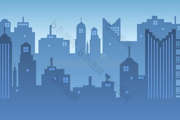 蓝色天背景和建筑物和屋顶关于一城市剪影