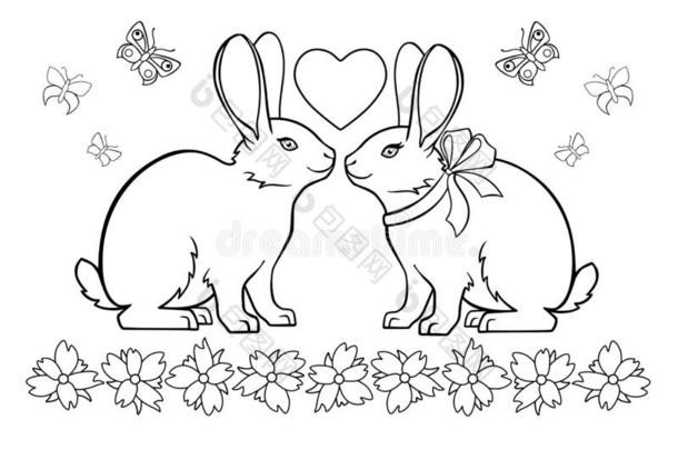 一一副关于爱的兔子被环绕着的在旁边<strong>花和蝴蝶</strong>-