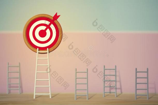 球门观念:长的白色的梯子和瞄准高的向目标target目标