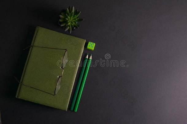 一绿色的笔记簿和眼镜向它有一绿色的pl一nt一nd绿色的