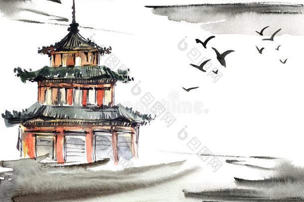 水彩描画的中国人风景