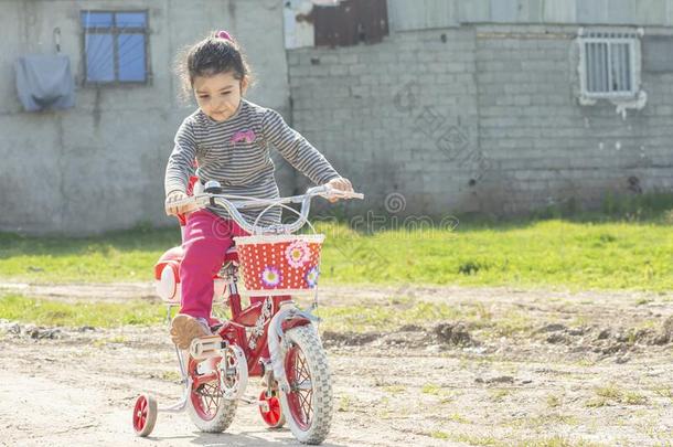 小的女孩骑马一红色的num.四-轮子自行车采用泥土ro一d