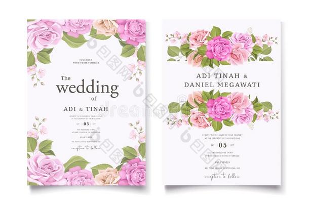 优美的婚礼卡片和美丽的花的和树叶样板