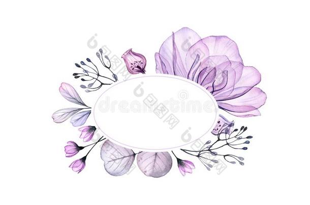 <strong>水彩花</strong>的横幅.大的<strong>紫色</strong>的玫瑰和树叶采用圆.
