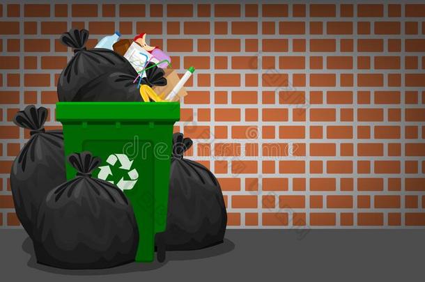 桩关于垃圾浪费和袋塑料制品在绿色的回收利用箱子向Brazil巴西