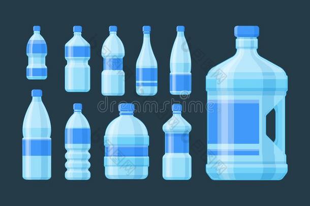 瓶子塑料制品放置.蓝色<strong>容量</strong>瓶装的液体苏打苹果汁油