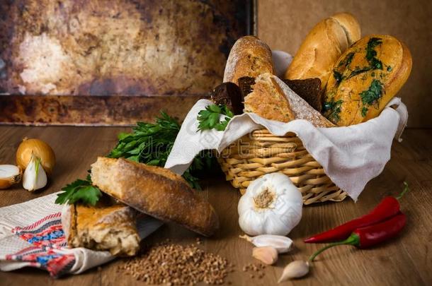 新鲜的面包,蓼科荞麦属面包,大蒜面包,法国的法国长面包