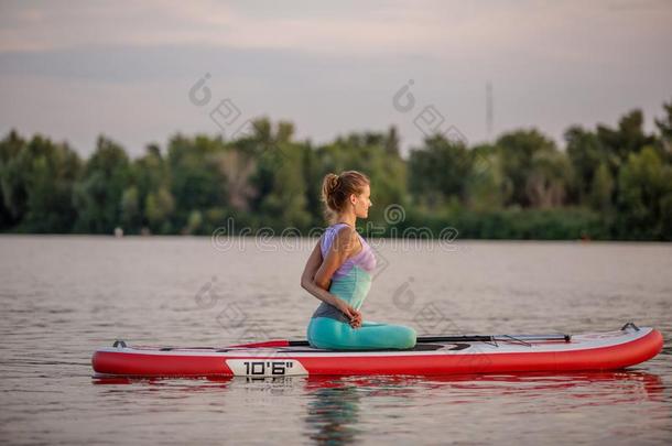 年幼的女人一次向宽叶短桨板,开业的瑜伽使摆姿势.做