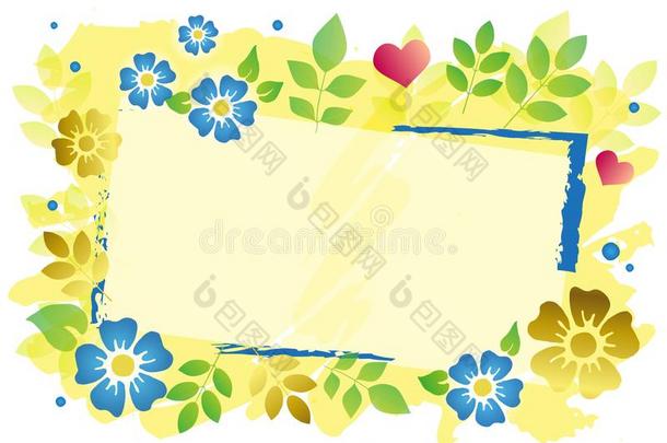 装饰的框架和<strong>蓝色</strong>和<strong>金色</strong>的花,绿色的树叶.点
