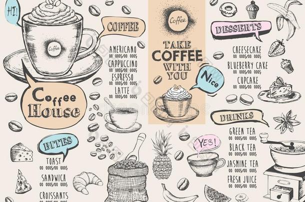 咖啡豆房屋菜单.饭店咖啡馆菜单,样板设计.食物英语字母表的第6个字母