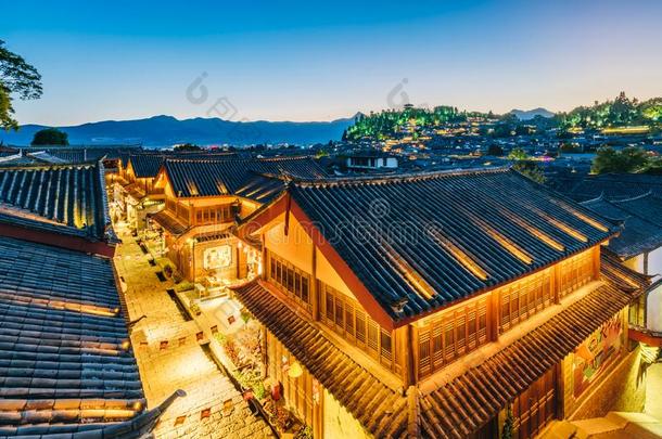 夜景关于达扬尼龙6纤维古代的城市,丽江,云南云南,中国