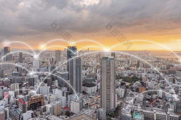 网连接科技采用指已提到的人城市,大阪城市采用日落