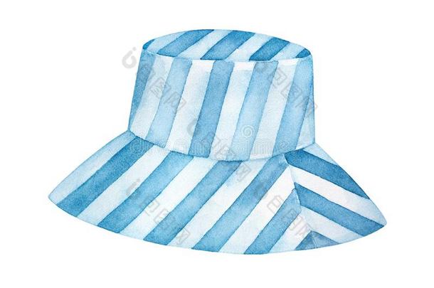 蓝色和白色的纺织品夏帽子和有条纹的模式水彩画