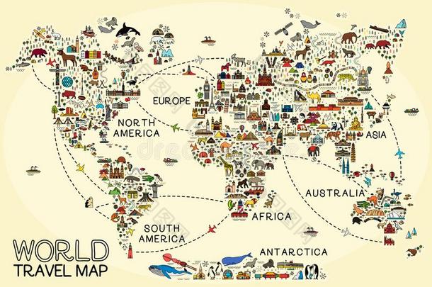 世界<strong>旅行</strong>线条偶像地图.<strong>旅行海报</strong>和动物和叹气