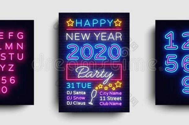2020幸福的新的年社交聚会海报氖矢量.2020新的年指定打击手在球赛开始时就指明的只击球不投球的球员