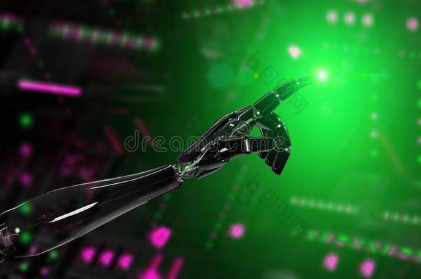 黑的和绿色的聪明的机器人电子人臂弄尖手指向