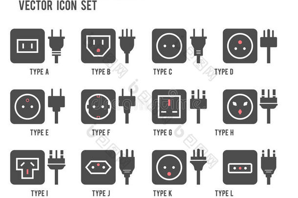 电的经销店说明.不同的类型动力插座放置,英语字母表的第22个字母