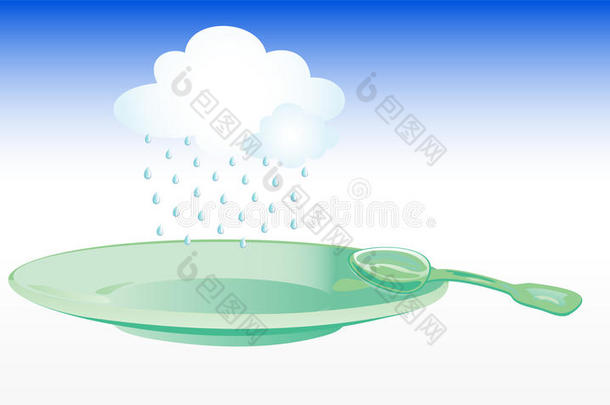 现实的绿色的盘子和云和雨