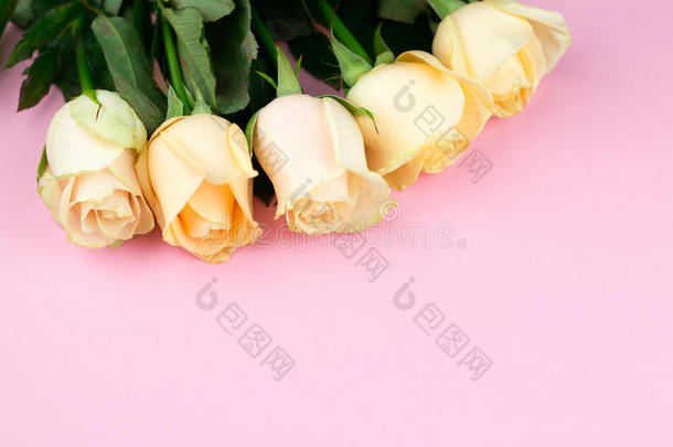 花束关于米黄色玫瑰向粉红色的背景,平的放置,顶看法,英语字母表的第3个字母