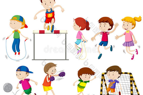 孩子们做不同的种类关于有关运动的