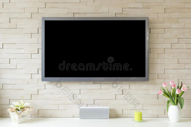 空白的现代的平的屏幕television电视机在指已提到的人白色的砖墙和复制品speciality专业