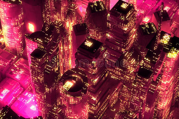 红色的氖城市摩天大楼现代的科技观念