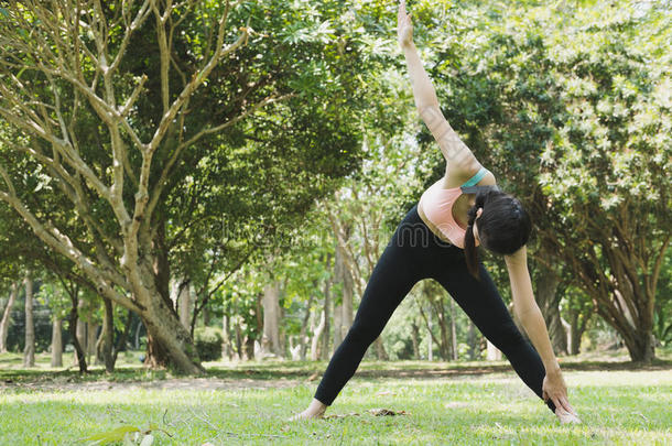 年幼的亚洲人女人开业的瑜伽在户外采用morn采用g公园.集中起来的