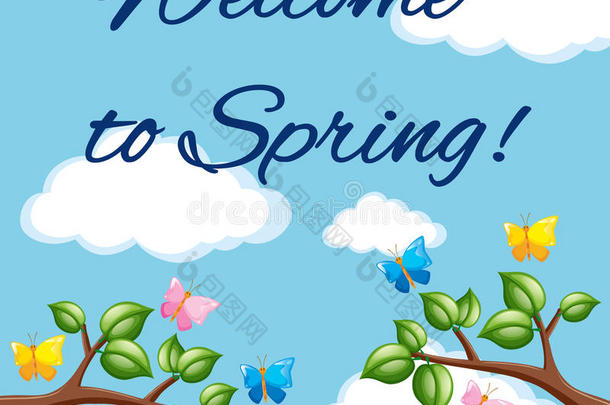 欢迎向<strong>春季海报</strong>和蓝色天和富有色彩的蝴蝶