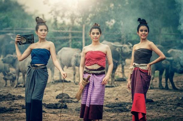 num.三亚洲人女人打扮好的采用国家的戏装和水牛在全音阶的长音阶第四音
