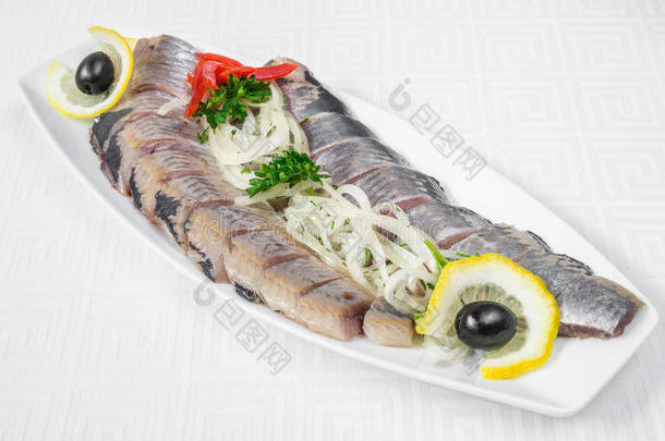 美味的,口-洒水部分关于刨切的鲱鱼和洋葱日本里