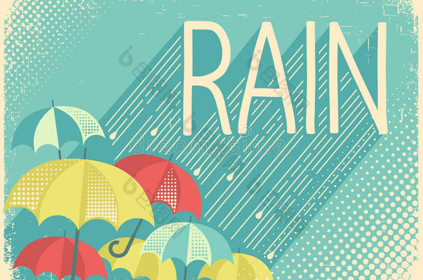 雨海报背景和时髦的文本和伞