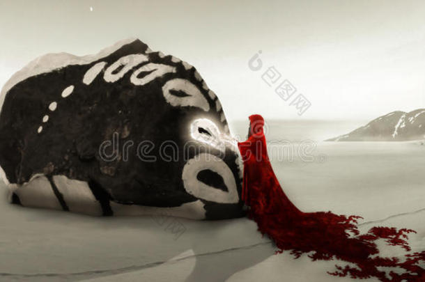 神秘的女人采用红色的披风采用指已提到的人中部关于一下雪的沙漠.