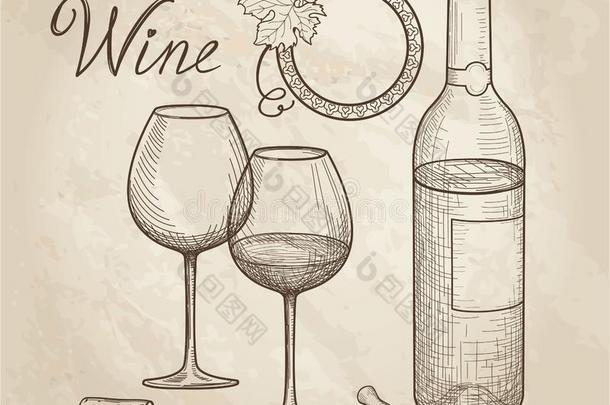 葡萄酒放置.葡萄酒玻璃,瓶子,字体.咖啡馆菜单.葡萄酒卡片