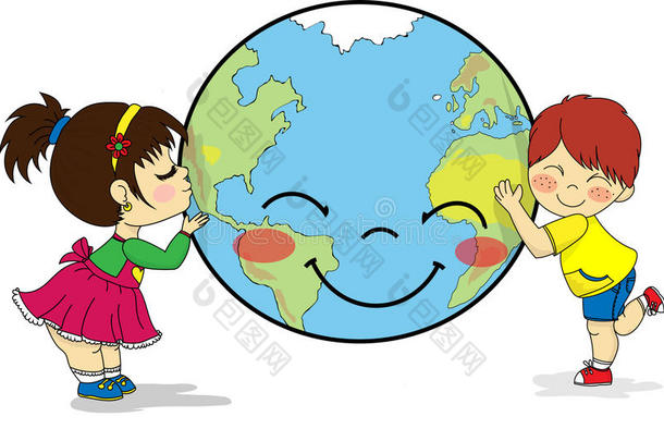 小孩热烈地拥抱和接吻的微笑的行星地球