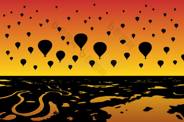天空气球飞行的采用日落