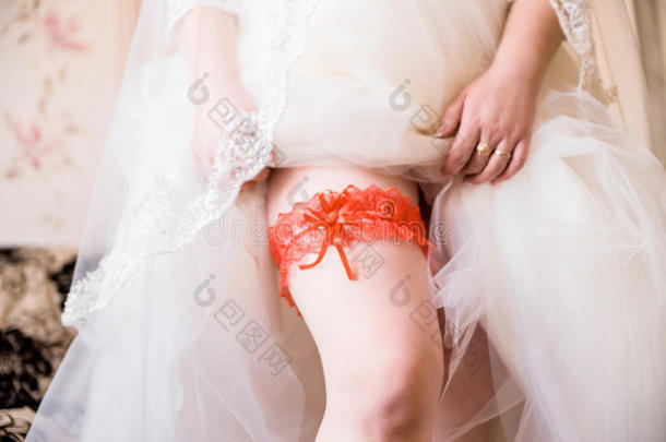红色的吊袜带向腿关于指已提到的人新娘,早晨新娘,指已提到的人新娘穿着一