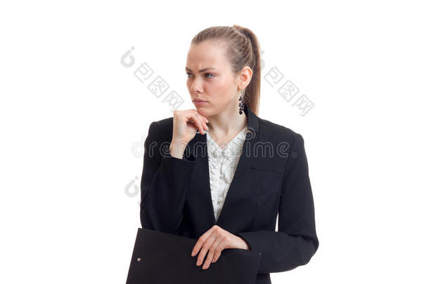 水平的肖像关于美丽的商业女人采用黑的一套外衣是（be的三单形式