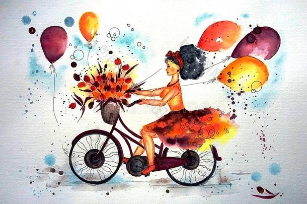 幸福的女孩向一自行车,w一tercolor技巧