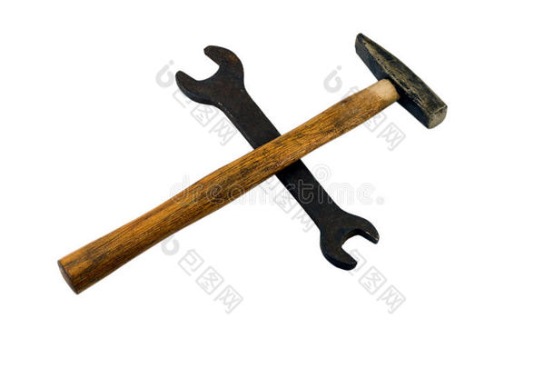 符号修理老的铁锤和双的-有边的扳手向白色的后台