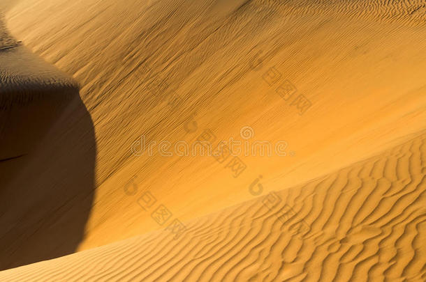 黄色的沙的波状的沙丘采用沙漠在白天