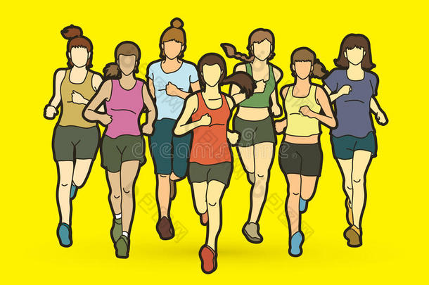 女人跑步,马拉松赛跑跑步的人,组关于人跑步