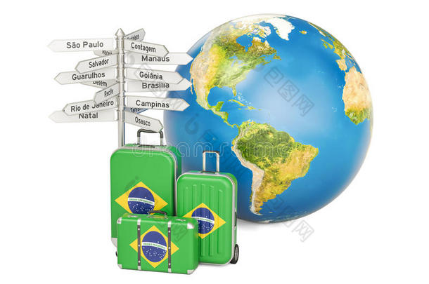 巴西苏木旅行观念.手提箱和巴西苏木i一n旗,<strong>指示牌</strong>一