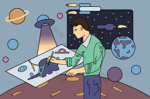 科学家,天文学者或工程师绘画绘画.