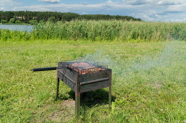 美味的barbecue吃烤烧肉的野餐烤腌羊肉串烧烤向敞开的烧烤,户外的厨房.TeleprinterAutomaticSwitch