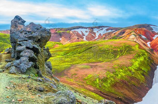 全景的看法关于富有色彩的火山的山兰德曼纳劳卡采用