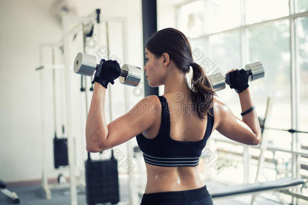 美丽的肌肉的适合女人锻炼建筑物肌肉和适合