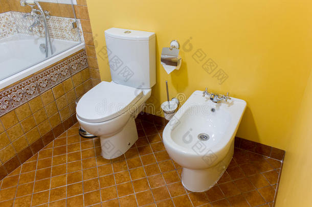 白色的陶器的坐浴盆和洗手间采用现代的浴室.
