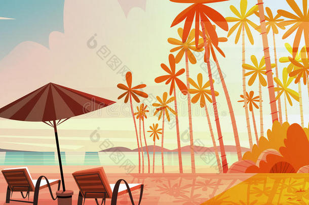 海岸海滩和甲板椅子向日落美丽的海side锐气