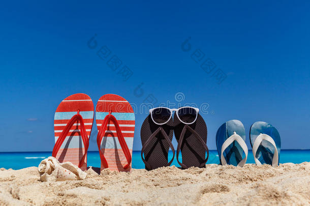 放置关于家庭拖鞋向指已提到的人沙的海滩,vacati向c向cept
